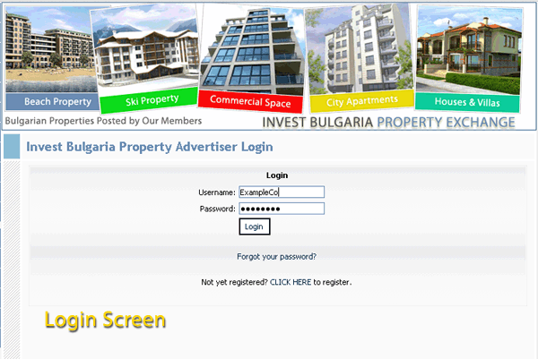 Invest Bulgaria Advertiser Login Screen