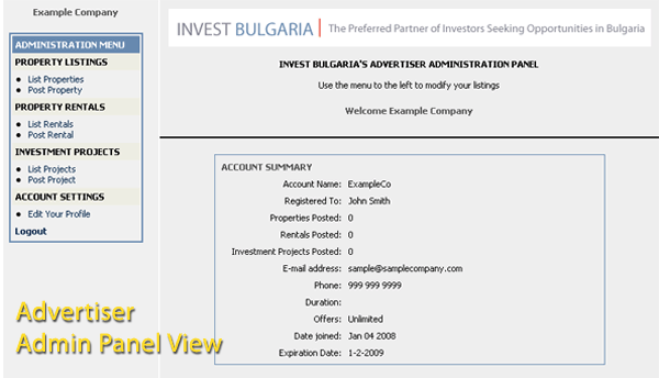 Invest Bulgaria Main Administration Panel Screenshot